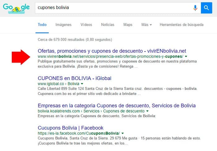 Resultados de "cupones bolivia" en Google, 08/08/16